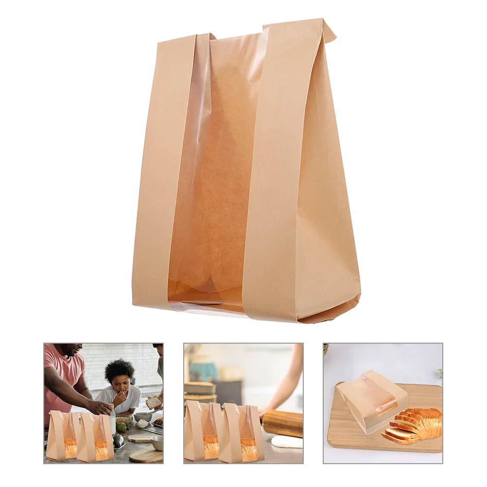 

100Pcs Food Paper Bags Bread Bags with Clear Window Bottom Design Baking Bakery Pastry Packaging Toast Packaging Pouches