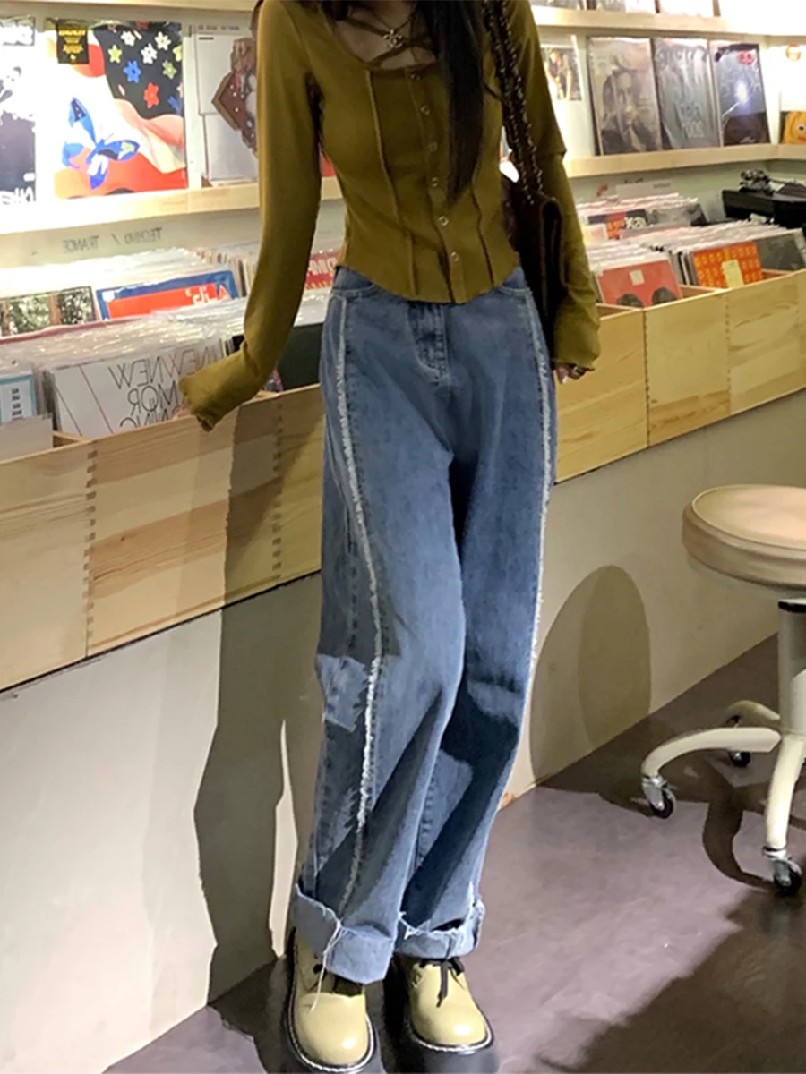 

plus Size American High Street Frayed Denim Jeans Women's Straight Leg Wide Leg Pants High Waist Slimming Spring Autumn