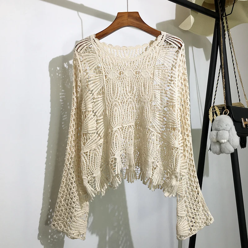 

Thin hollow out knitted women sweater and pullovers autumn o-neck solid flare sleeved loose casual female pulls outwear tops