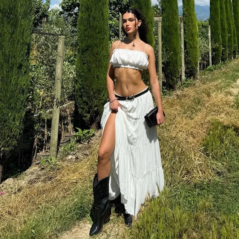 

Pleated Halter Top 2 Piece Sexy Sleeveless Backless Plunge Set Casual Beach Holiday Female Long Halter Skirt 2 Pieces