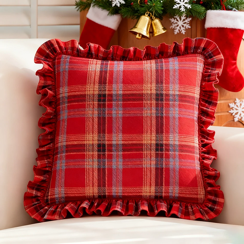 Dekorative Karierte Rüschen-Kissenbezüge, Schachbrettmuster Sofakissen-Überzüge, Wohnzimmer-Kissenhüllen, Weihnachtsdekoration – Detail 10