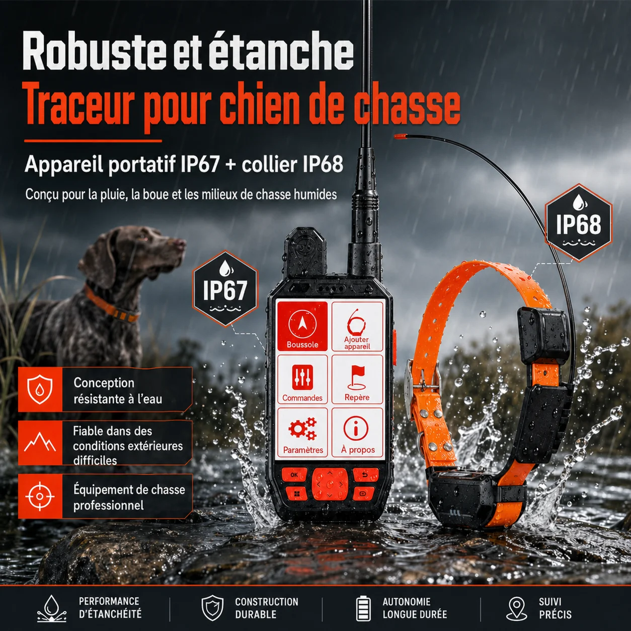 Collier GPS Chien de Chasse 15 km VHF Sans Réseau 4G LTE Étanche IP68 Dressage Jusqu'à 20 Chiens GUPTOMES T18