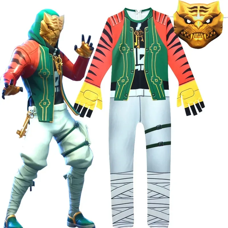 เด็กฮาโลวีนเครื่องแต่งกายเกมBossปลาTiger Jumpsuit Boyวันเกิดคริสต์มาสปาร์ตี้แฟนซีCarnivalเครื่องแต่งกายSkeleton Cosplayผ้า