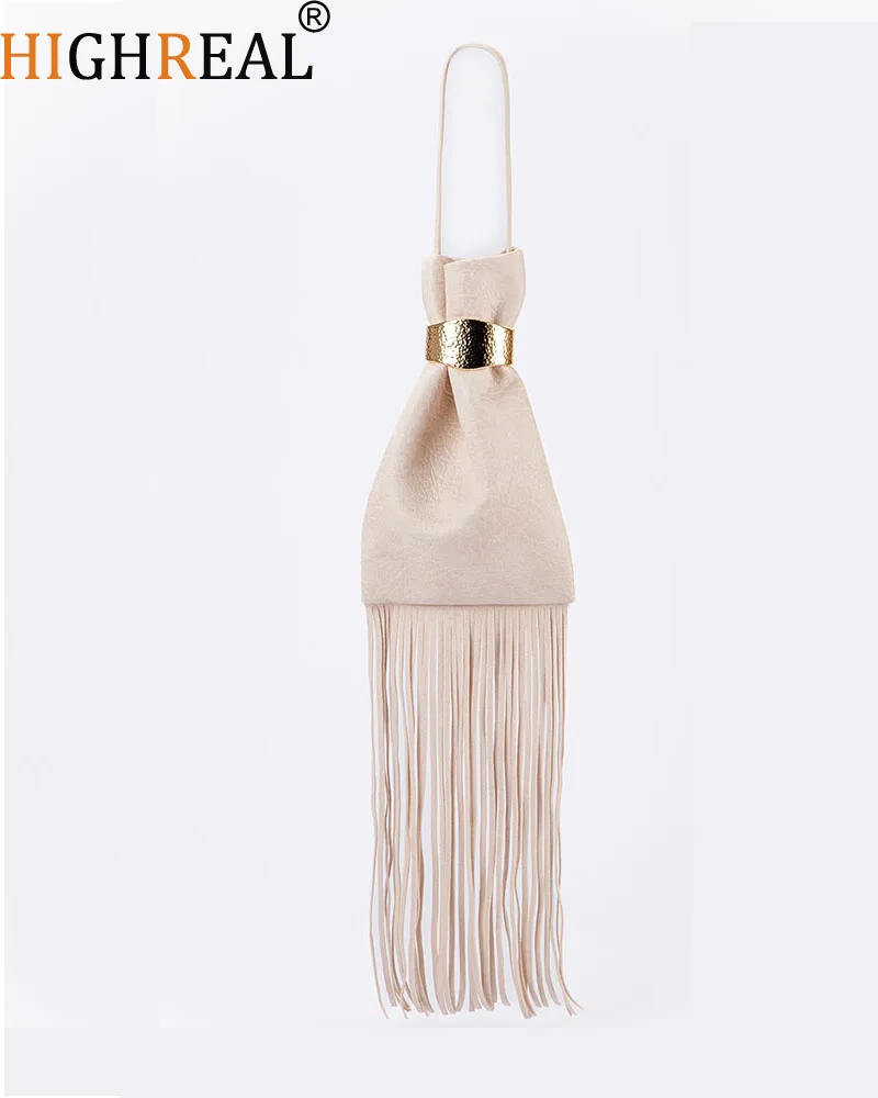 

Fashion Long Tassel Bucket Bag Luxury Metallic Shoulder Bag High Quality PU Leather Women Handbag Mini Pouch Clutch Purses New