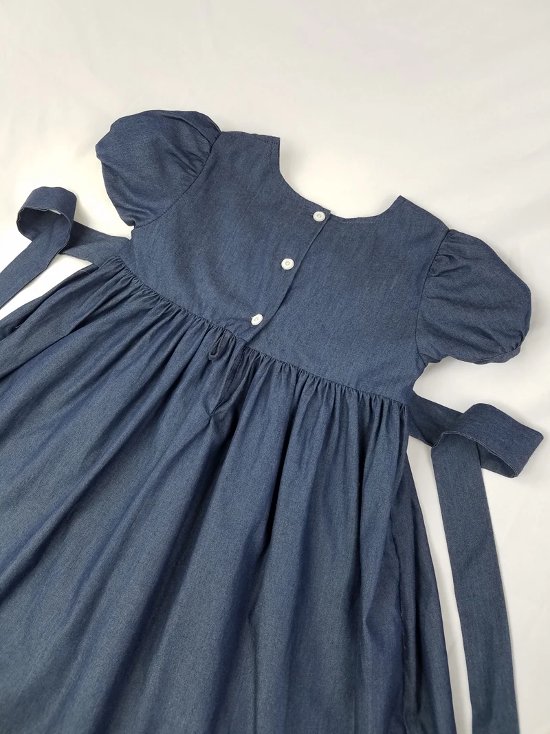 Summer Little Girl Princess Vintage Denim Smocked Dress Children handmade Embroidery Frocks Dresses Vestidos for 3 4 5 6 7 Years