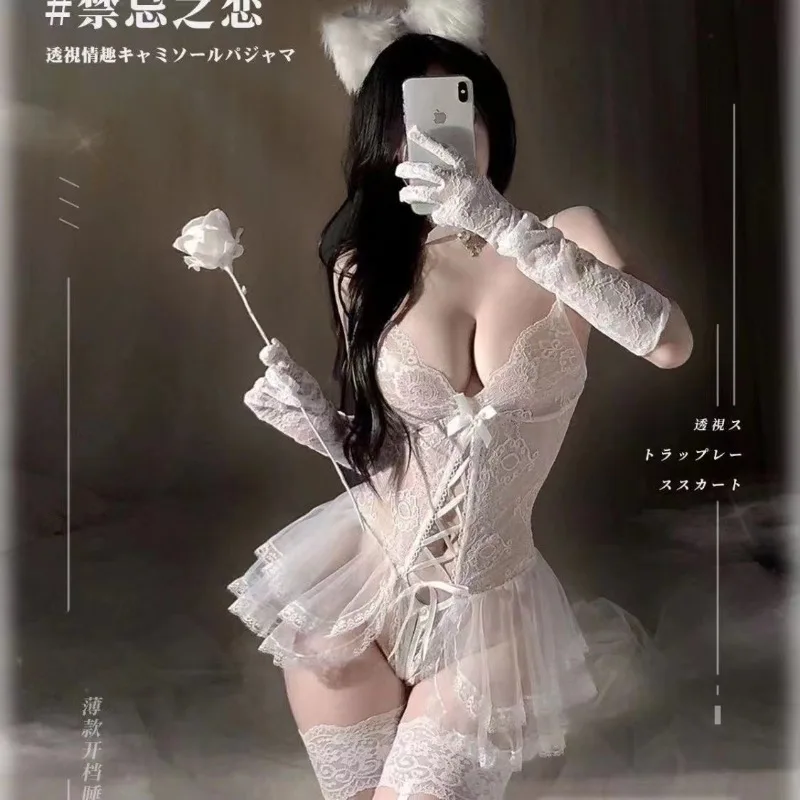 

Plus Size Japanese Lolita Anime Sexy Cat Girl Cosplay Women Costume Lace See Through Open Crotch Bodysuit Roleplay Clubwear