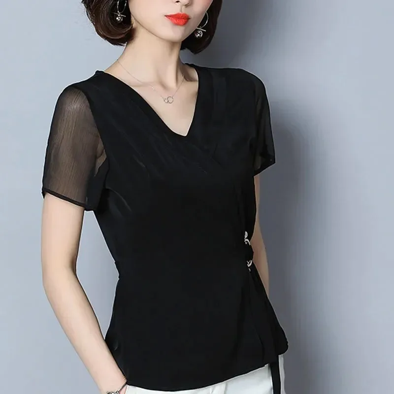 Women Blouse and Tops Black Shirts Blouses Summer Women Ladies Tops Beading Chiffon Blouse Short Sleeve V-Neck 2882 50