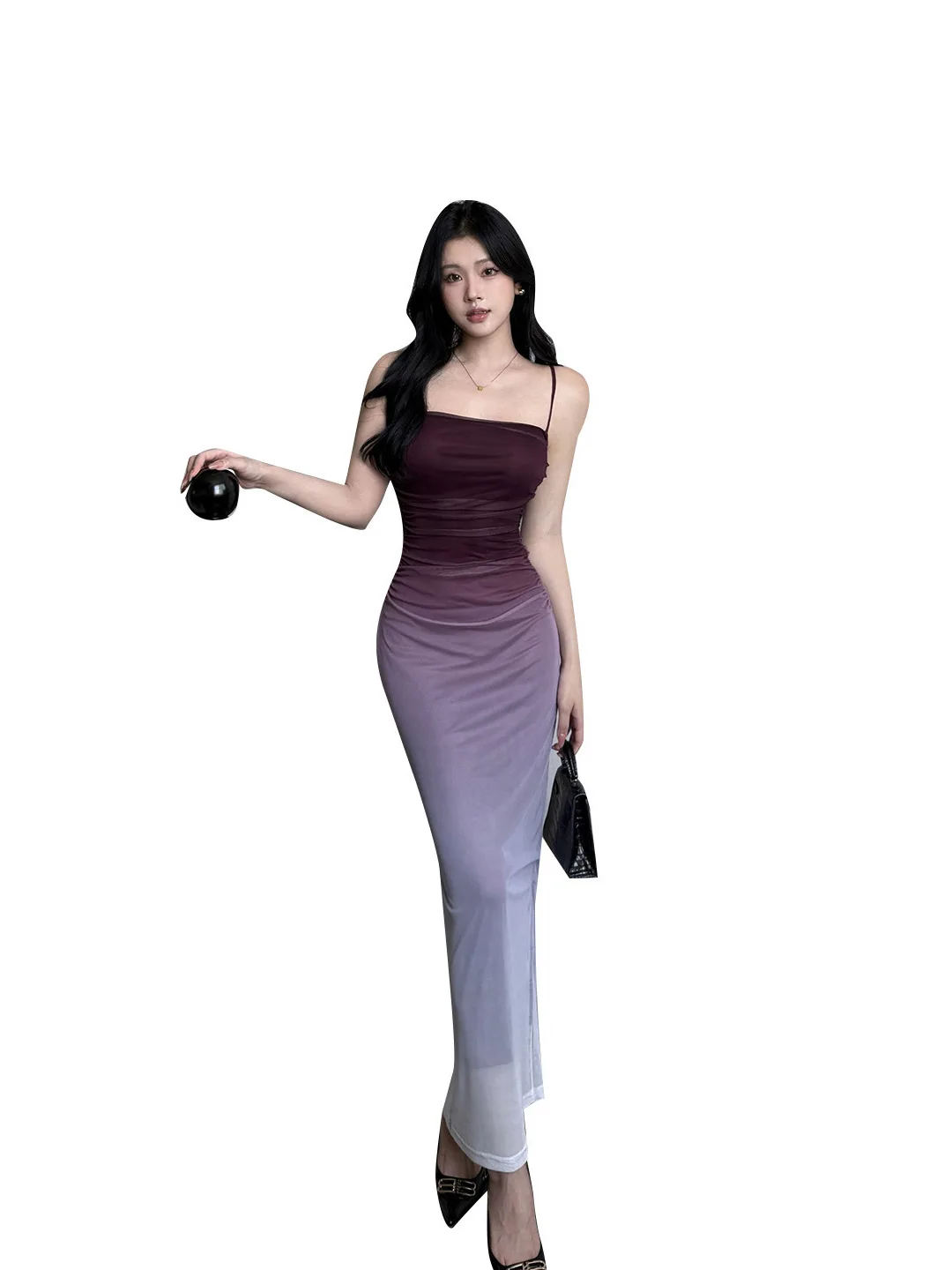 Retro Y2K Strandurlaub Mesh Farbverlauf Lila Hüftumarmendes Kleid für Frauen Sexy schulterfreies, plissiertes, figurbetontes Kleid mit seitlichem Schlitz