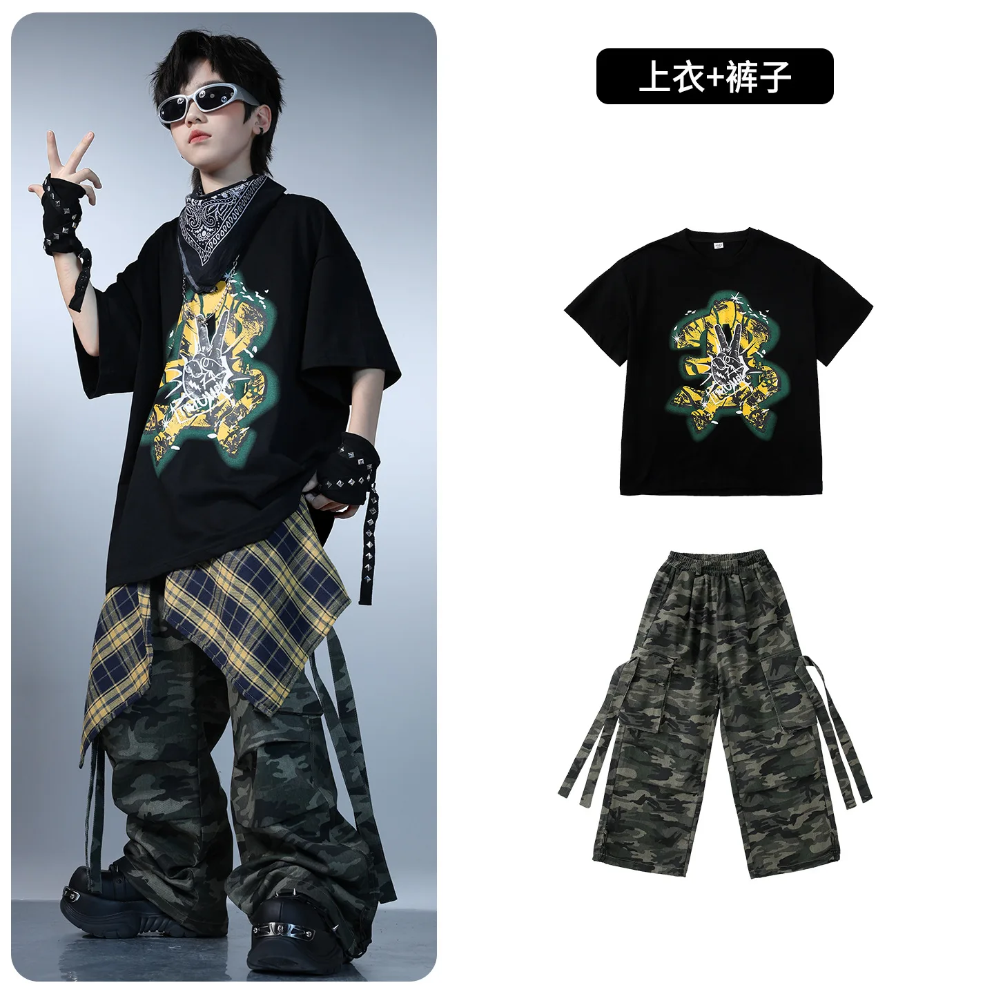 Kpop Hip Hop Clothing Black Print Wide T Shirt Top Tie Dye Casual Cargo Pants for Kids Street Dance Costumes Clothes