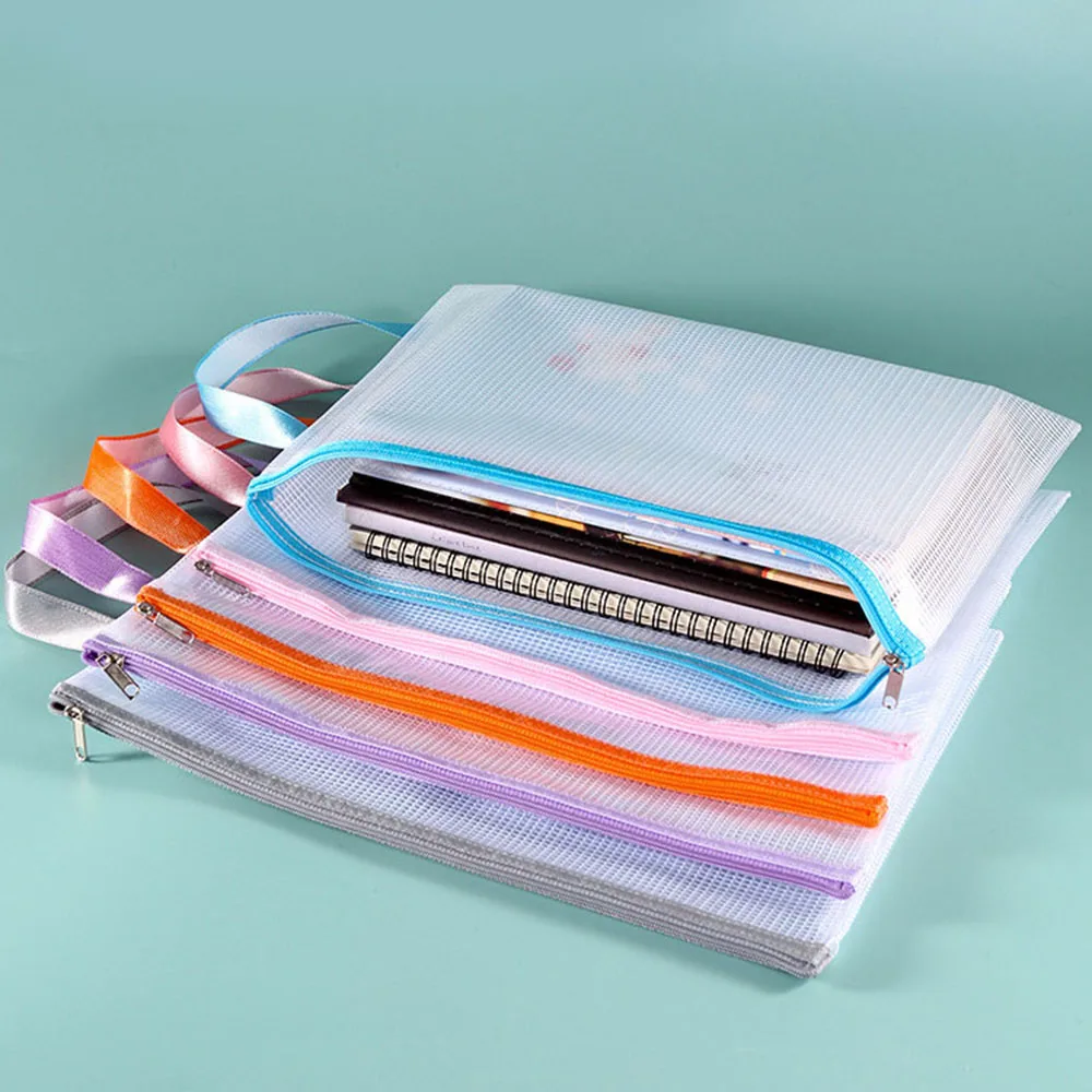 Mesh Zipper Pouch para Documento, Papelaria, A4 File Folder, Zip File Folder, Pencil Case, Material escolar e de escritório