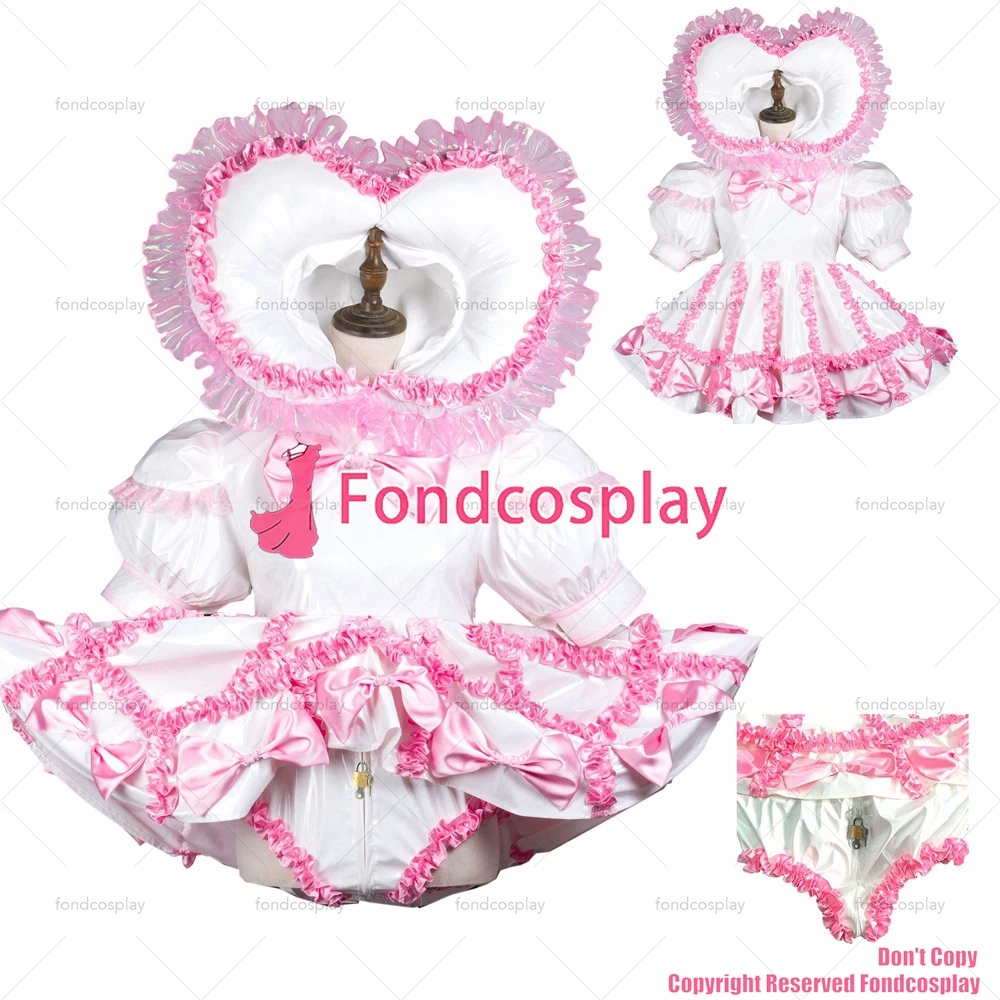 fondcosplay adult sexy cross dressing sissy maid white thin pvc dress lockable Heart hood jumpsuits rompers CD/TV[G3704]