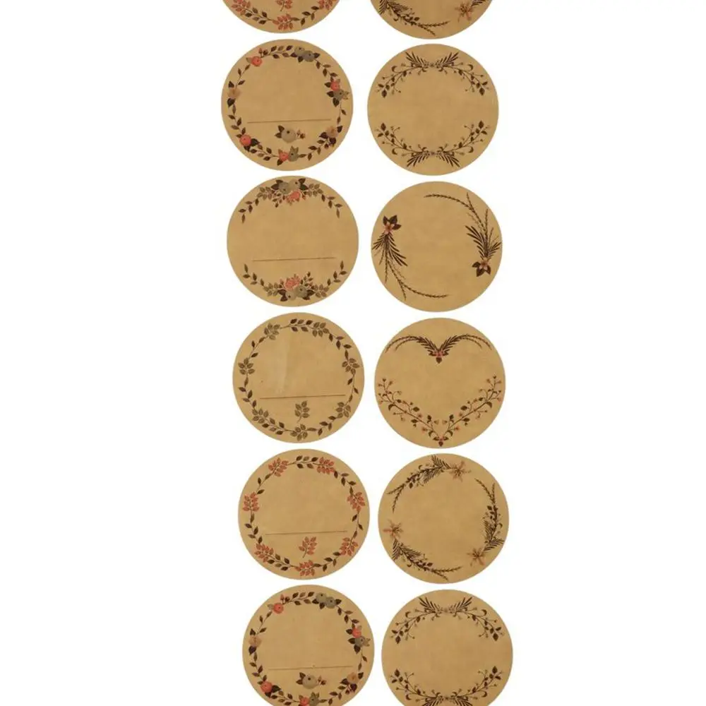 500PCS 4 Pattern Designs Round Lable Stickers 2" Self-Adhesive Kraft Paper Label Stickers Floral Wreath Design Blank