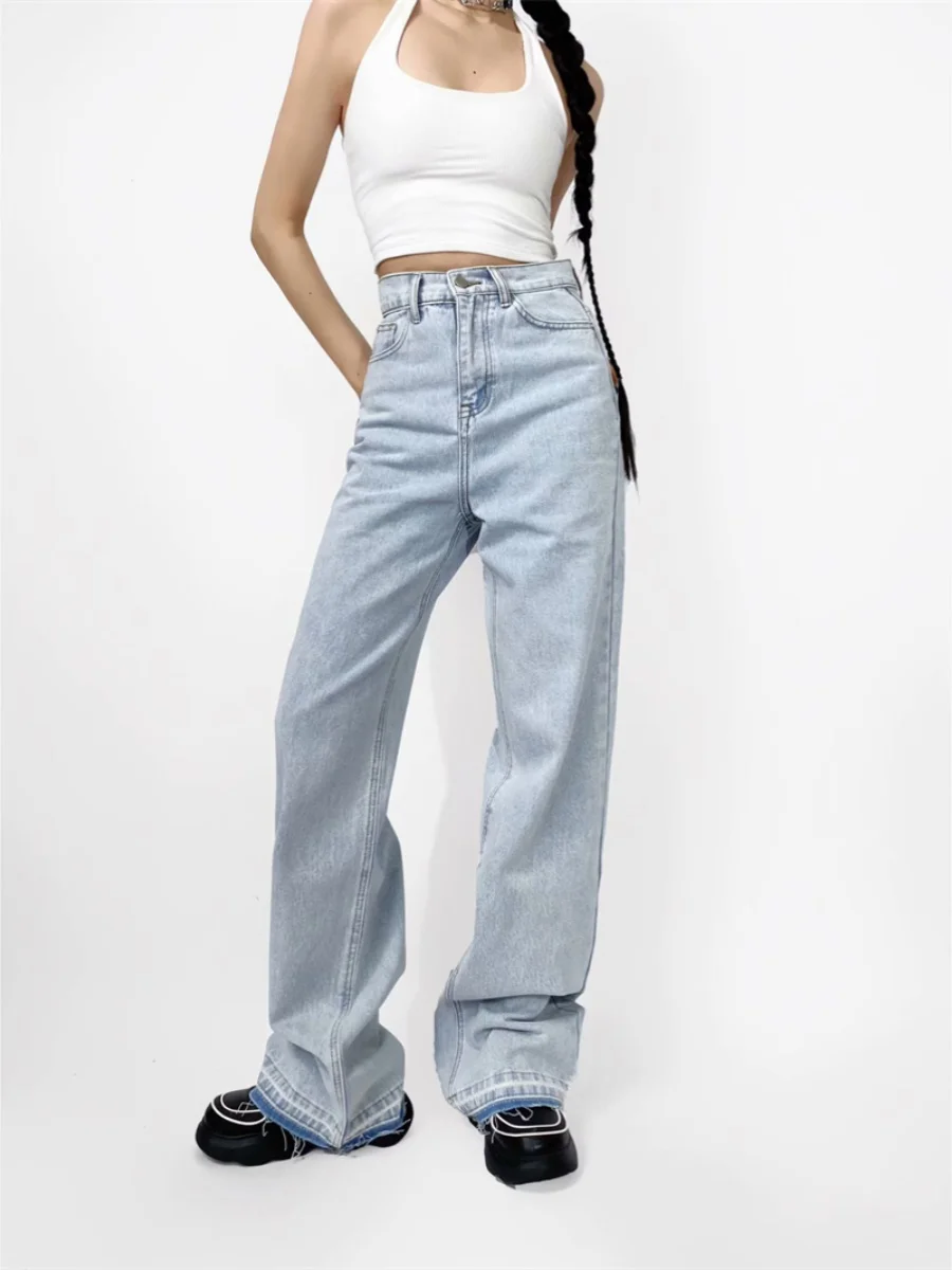 American Retro High Waist Slimming Wide Leg Jeans Sexy Design adient Floor-Length Faion Frayed  Denim Long Trousers