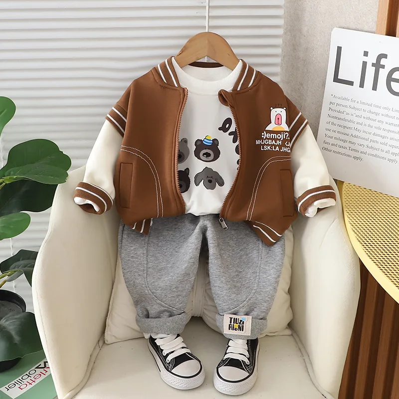 

Autumn 2025 Kids Boys 3PCS Clothes Set Cartoon Printed Shirts Spliced Sleeve Coat Solid Pants Suit Toddler Boys Outfits
