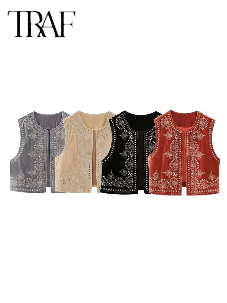 TRAF Vintage Autumn Velvet Embroidered Vest Sleeveless Jacket Women V Neck Chic Waistcoats Female Fashion Vests Coat 2023