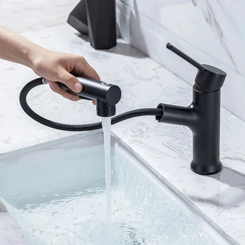 

Bathroom Black Basin Faucet Single Handle Pull Out Spray Sink Tap Hot And Cold Water Crane Deck Mount Faucets