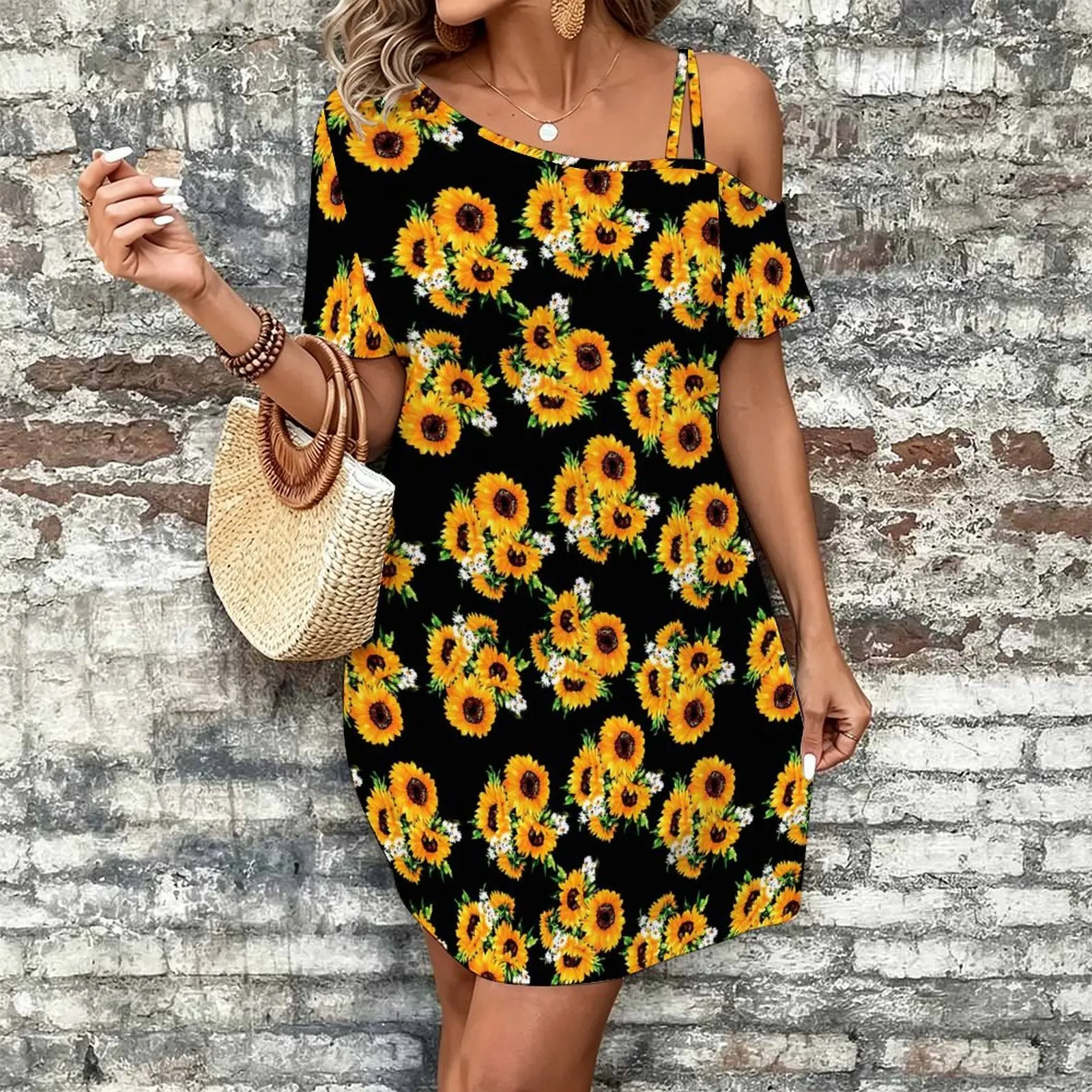 Women Print Cold Shoulder Short Sleeve Mini Dress Irregular Off Shoulder Casual Loose Tunic Dress