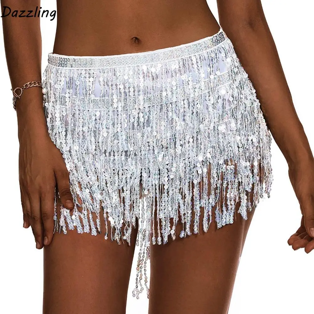 

Fashion 4-Layer Latin Dance Hula Short Skirt Sequins Dress Belly Dance Waist Chain Chiffon Multicolor Tassel Hip Scarf for Women