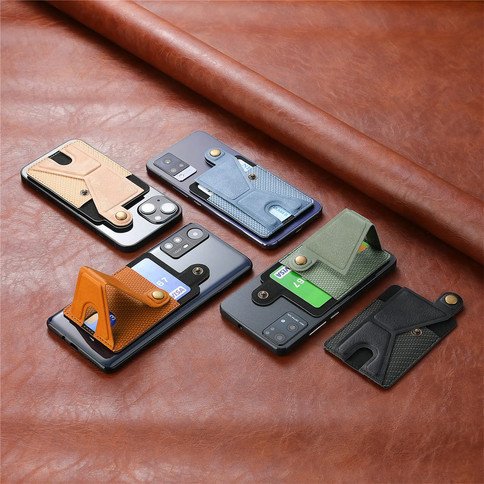 Custodia multifunzionale per scheda con staffa magnetica con cinturino magnetico per borsa per carte del telefono cellulare con copertura per carte in pelle PU in gomma da 3M