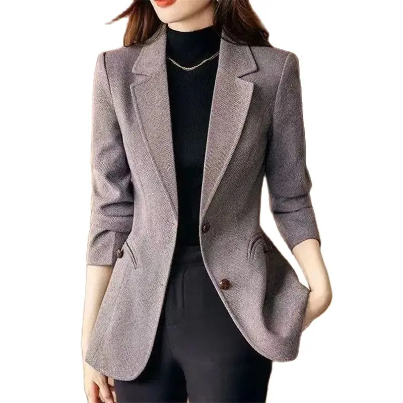 Blazer de lana de espiga para mujer, chaqueta ajustada de oficina, abrigo corto clásico, Tops informales, novedad de otoño e invierno, 2024