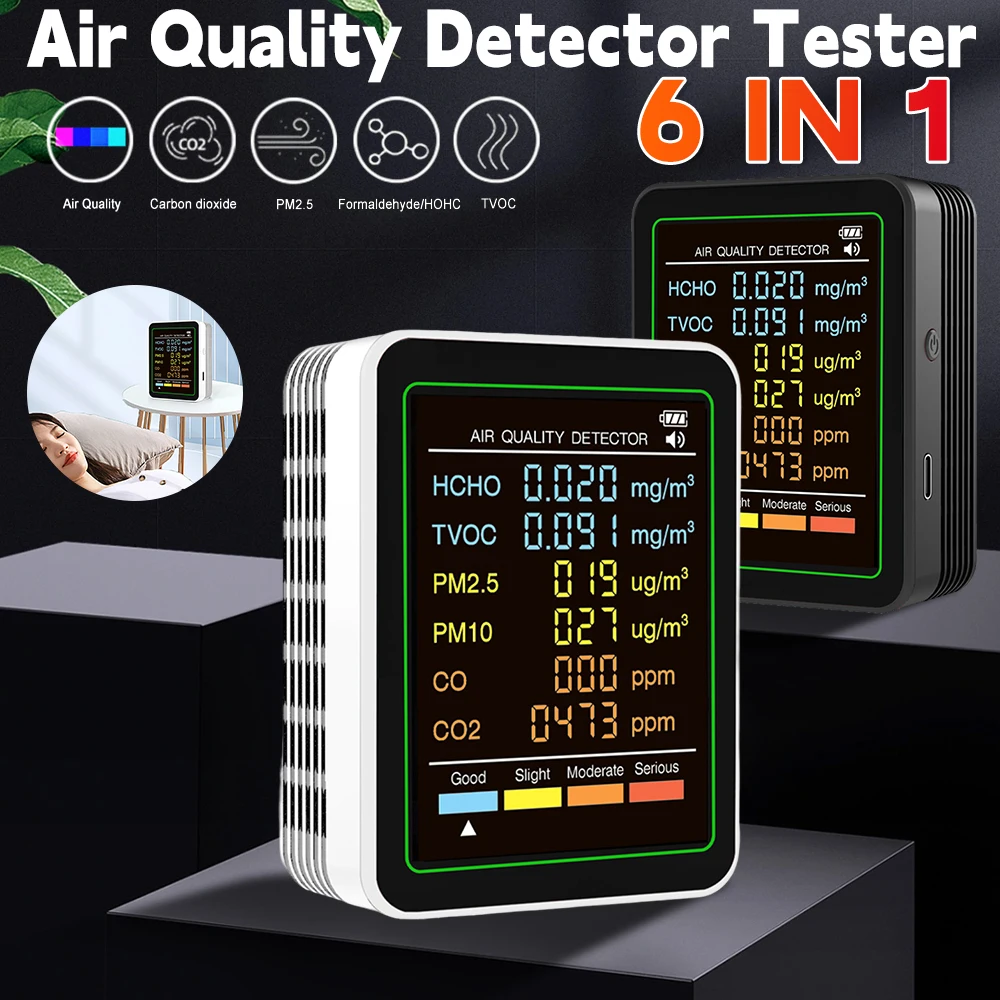 Tester della qualità dell'aria 6 in 1 Rilevatore HCHO in tempo reale Misuratore di umidità della temperatura Rilevatore di formaldeide TVOC PM2.5 PM10 CO2 CO
