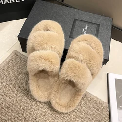 Women Fur Warm Winter Furry Fur Shoes Fluffy Plush Slippers Home House Indoor Shoes Bedroom Slippers Female Ladies Round Toe