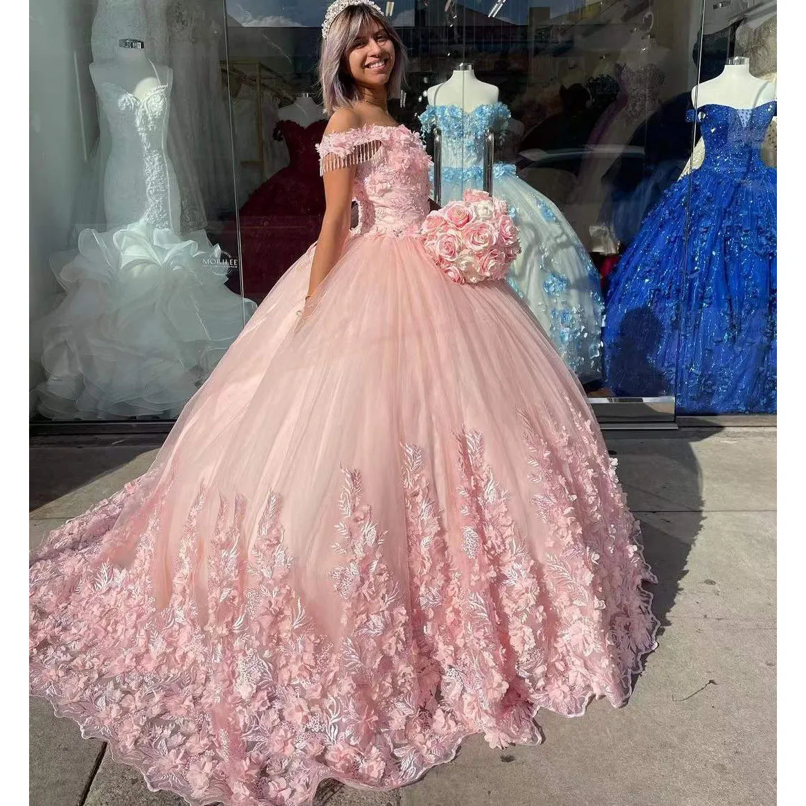 Gaun Quinceanera Merah Muda Baru Mewah Applique Manik-manik Berpayet 3D Bunga Lengan Pendek Gaun Pesta Kekasih Vestidos De Fiesta