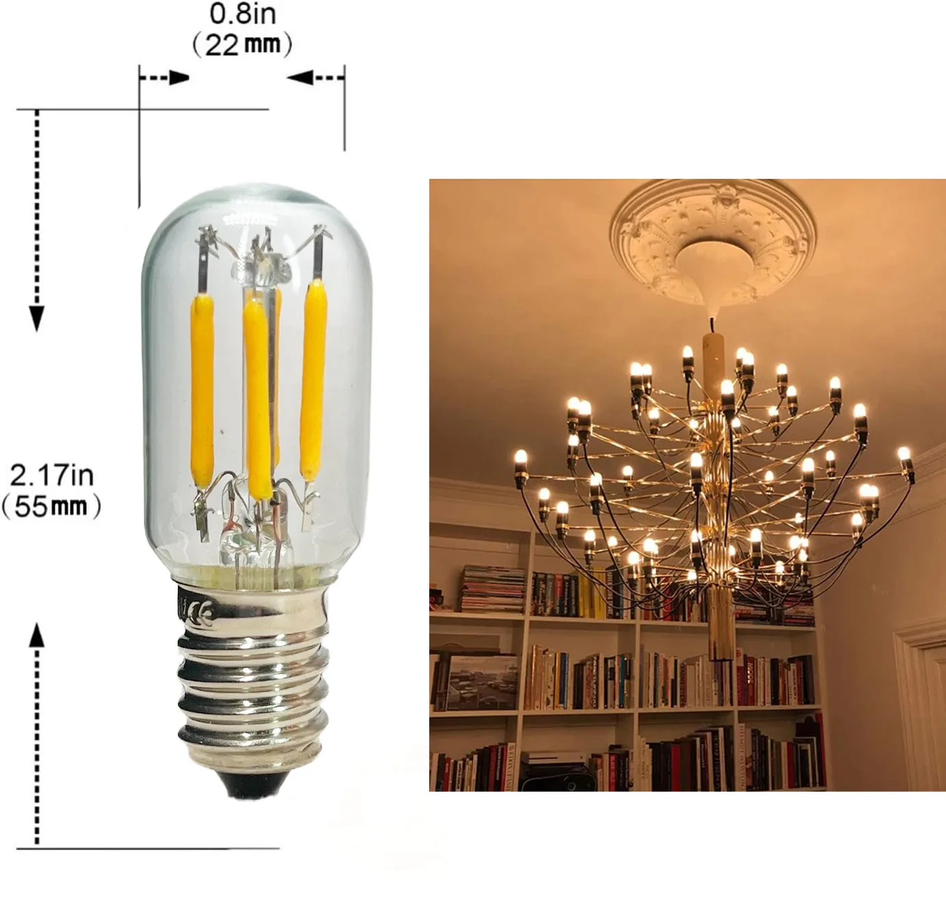 빈티지 레트로 COB 필라멘트 LED 전구, T20 E14 E12, 2W 유리관, 따뜻한 흰색, 2200K, 15W 할로겐 램프 교체, 홈 바 장식