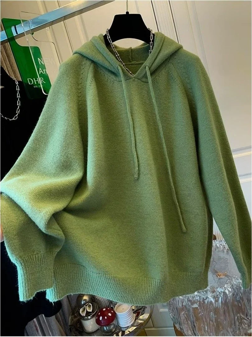 

Толстовка оверсайз унисекс с длинным рукавом, вязаная, повседневный стиль, из полиэстера, теплая, однотонная, свободного кроя