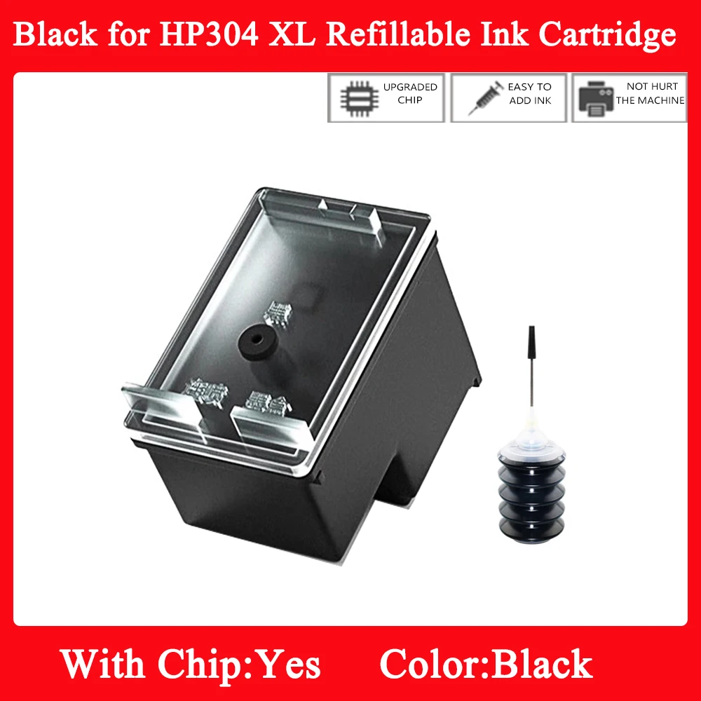 for HP304 XL 304 Refillable Black Ink Cartridge with 30ml Black Ink for HP Envy 5010 5020 5030 5032 5052 5055 Deskjet 2620 2630