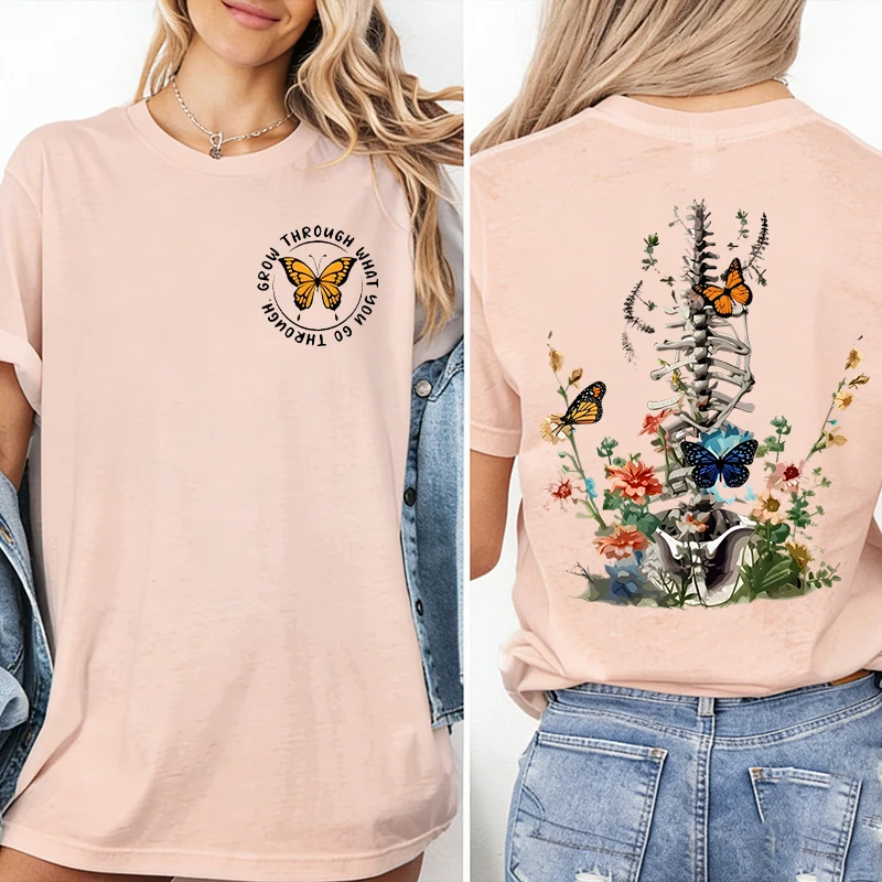 

Floral Butterfly T-Shirt Women's Casual Vintage Short Sleeve Cotton Tees Round Neck Wild Flower Butterfly Female Streetwear