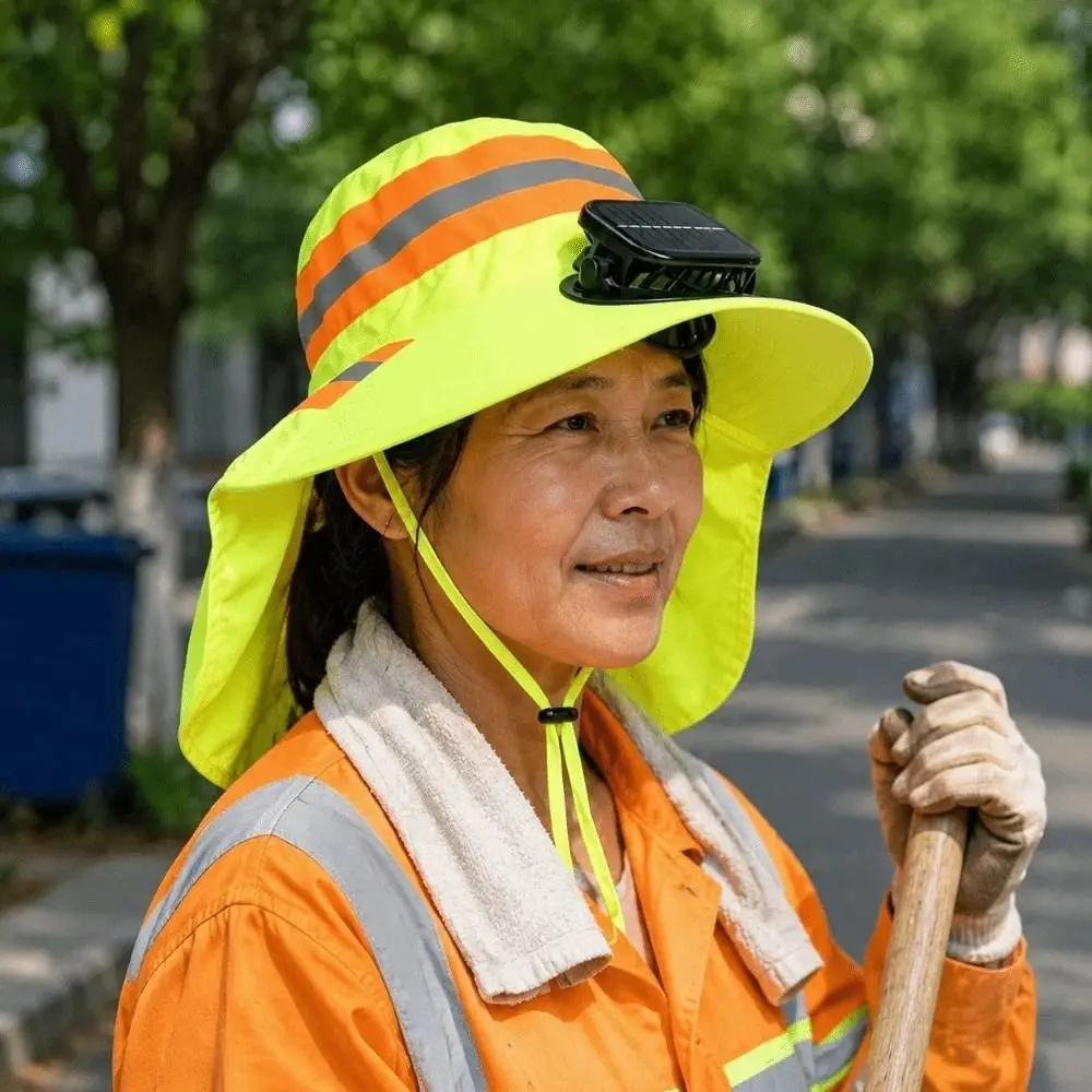 Breathable Solar Fan Hat Elastic Rechargeable Wide Brim Fan Hat Adjustable with Shawl Summer Fan Visor Cap Construction Workers