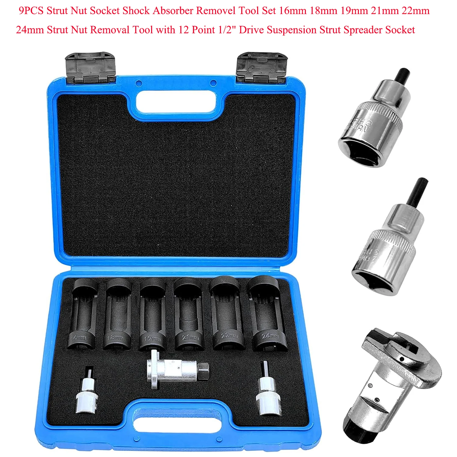 

9PCS Strut Nut Socket Shock Absorber Removel Tool 16mm 18mm 19mm 21mm 22mm 24mm with 12 Point 1/2" Drive Suspension