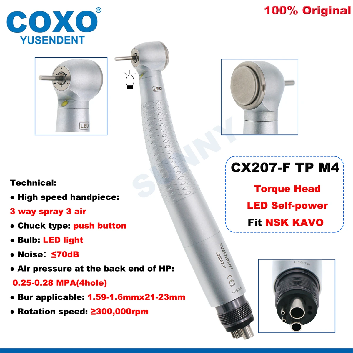 COXO Handpiece LED Dental, Handpiece kecepatan tinggi tombol Generator kepala torsi turbin udara 2/4 lubang cocok NSK KAVO