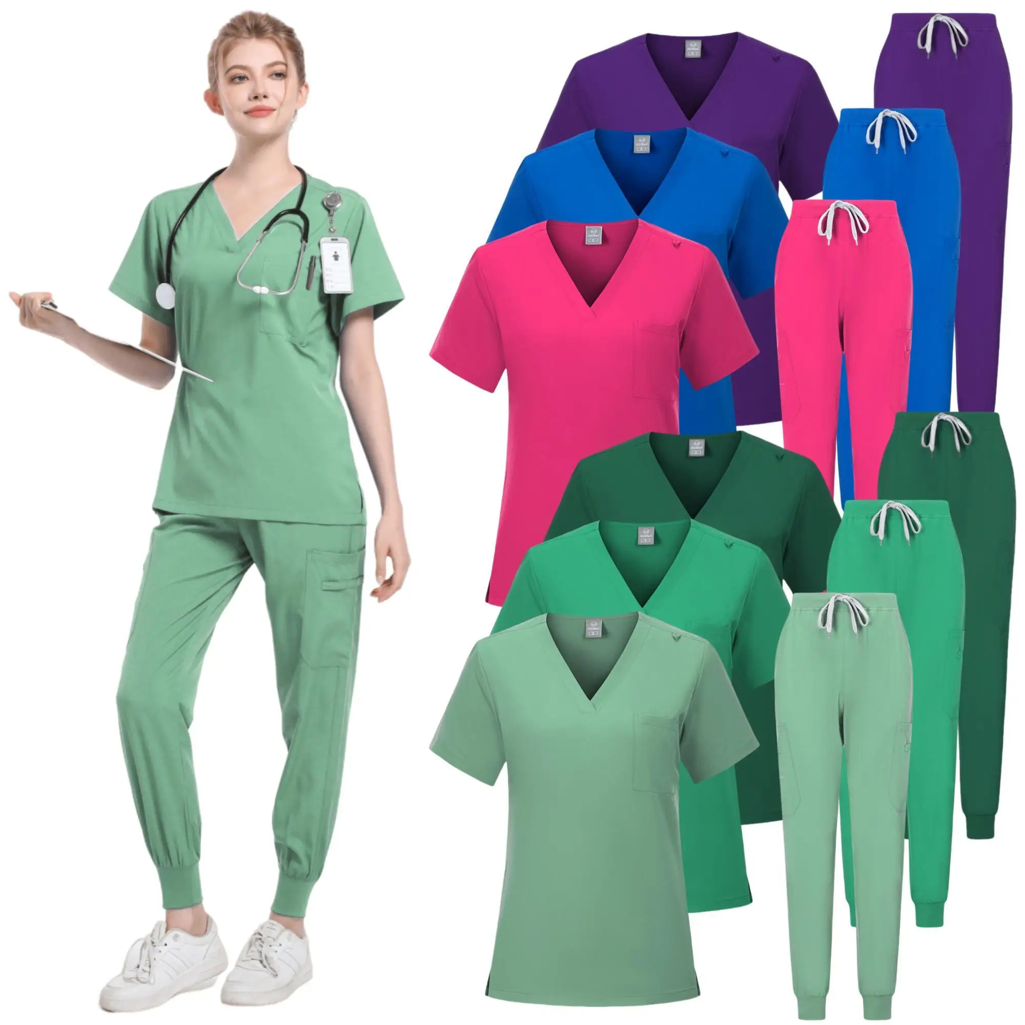 Nieuwe Scrubs Set Medische Uniformen Stretch Scrub Tops Met Zak Broek Verpleegkundige Uniform Arts Chirurgie Overalls Schoonheidssalon Werkkleding