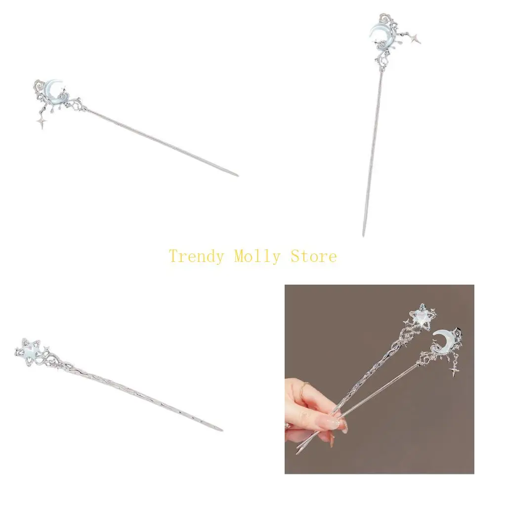 

N5KB Elegant Hair Accessory with Luxurious Embellishment Elegant Metal Silver Moon Hairpin Fashion Hair