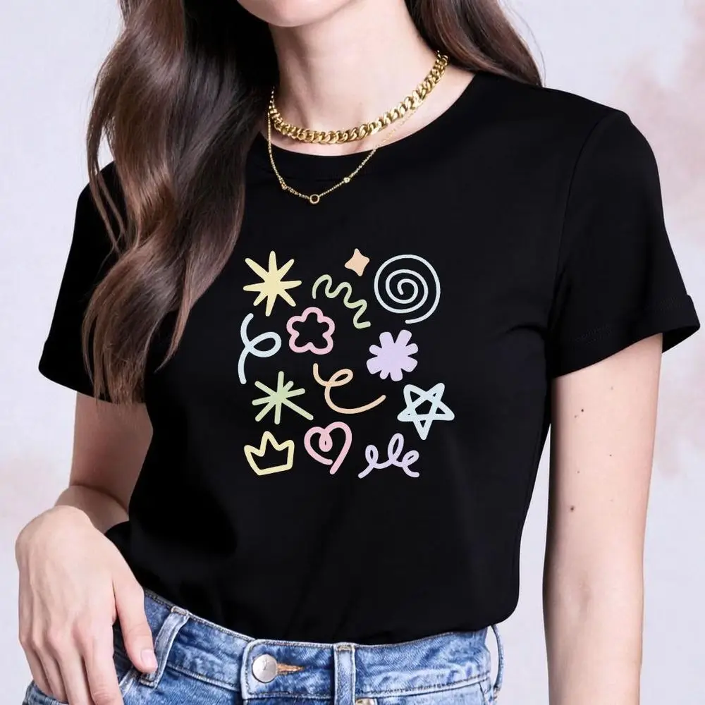 Pastel Doodle Graphic T-Shirt Y2k Summer Short Sleeve Aesthetic Star Heart Print Vintage Clothes with Many Korean Reviews Women