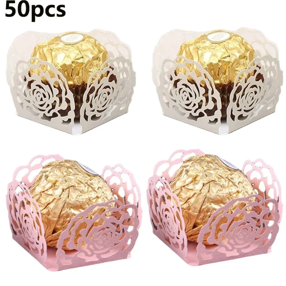 New 50pcs Chocolate Packing Chocolate Tray Paper Dessert Decor Rose Lace Chocolate Candy Cups Hollow-Out Truffle Wrappers Party