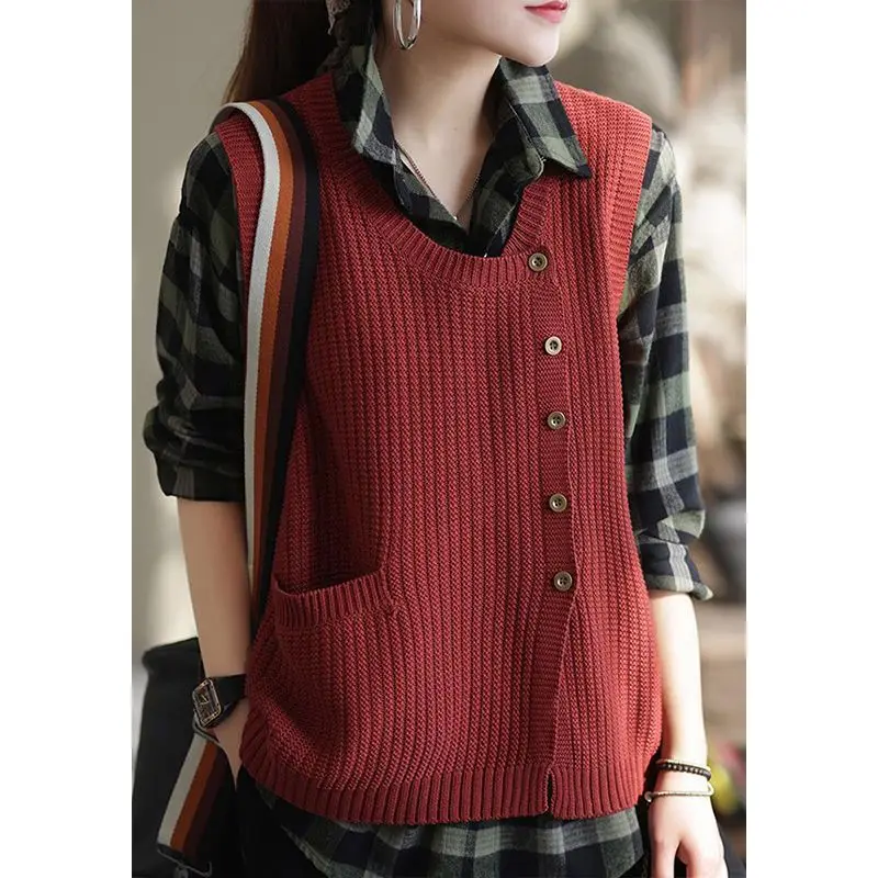 Retro Round Neck Vest Women\'s Spring and Autumn 2023 New Loose Solid Large Cardigan Sleeveless Knitted Tank Top