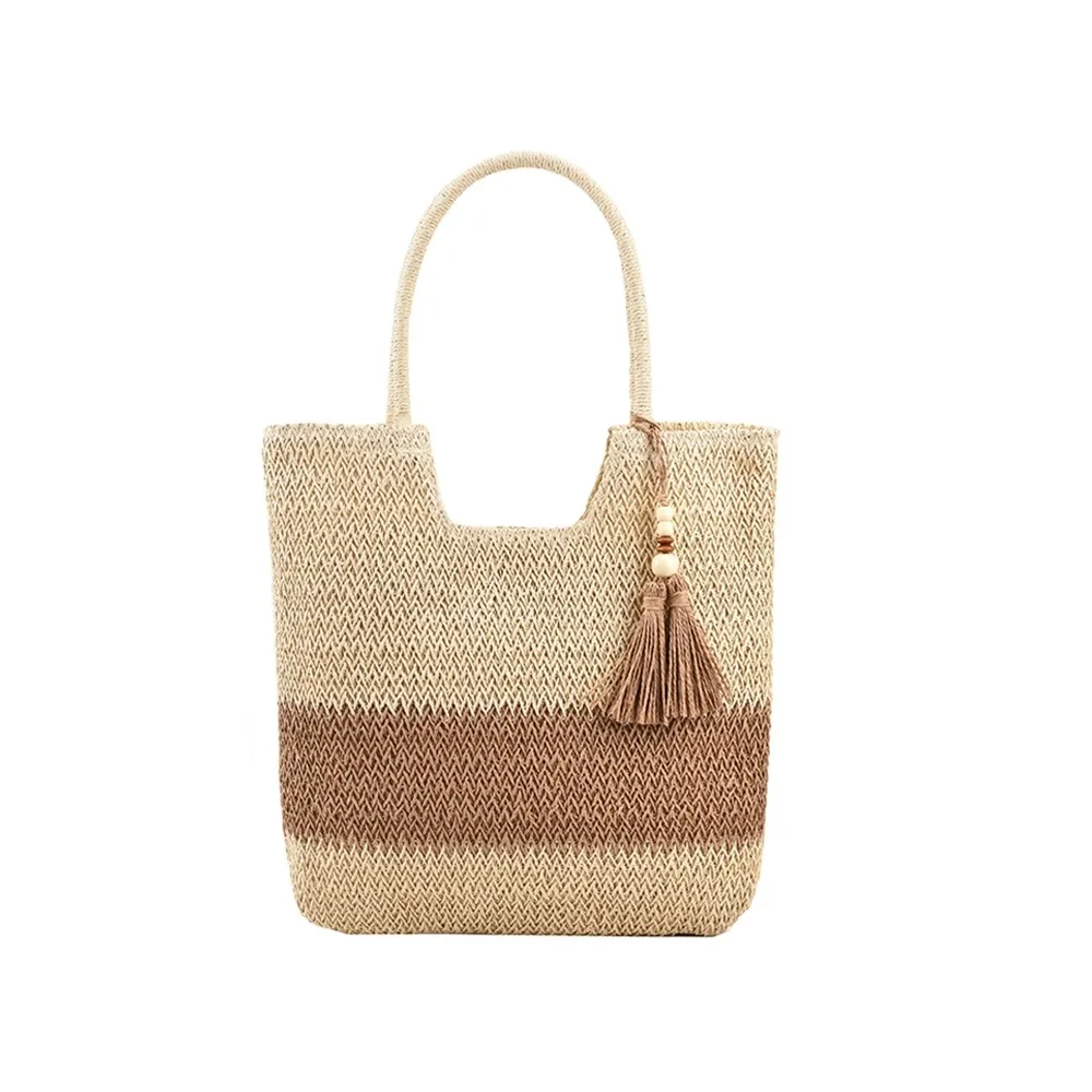 

With Tassels Straw Beach Bag Comfortable Handle Zipper Closure Large Shoulder Bag Portable Lightweight Woven Tote Bag