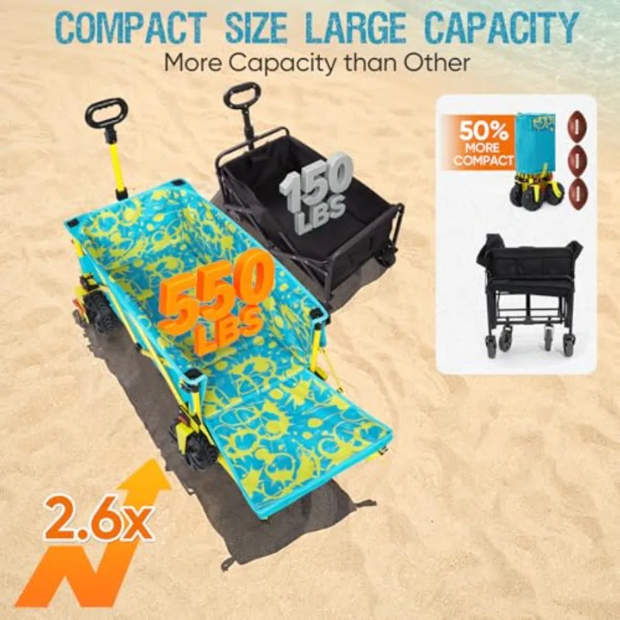 Beach wagon for sand camping and garden use, heavy-duty steel frame, black, 300lbs capacity, 49 L collapsible design with big w