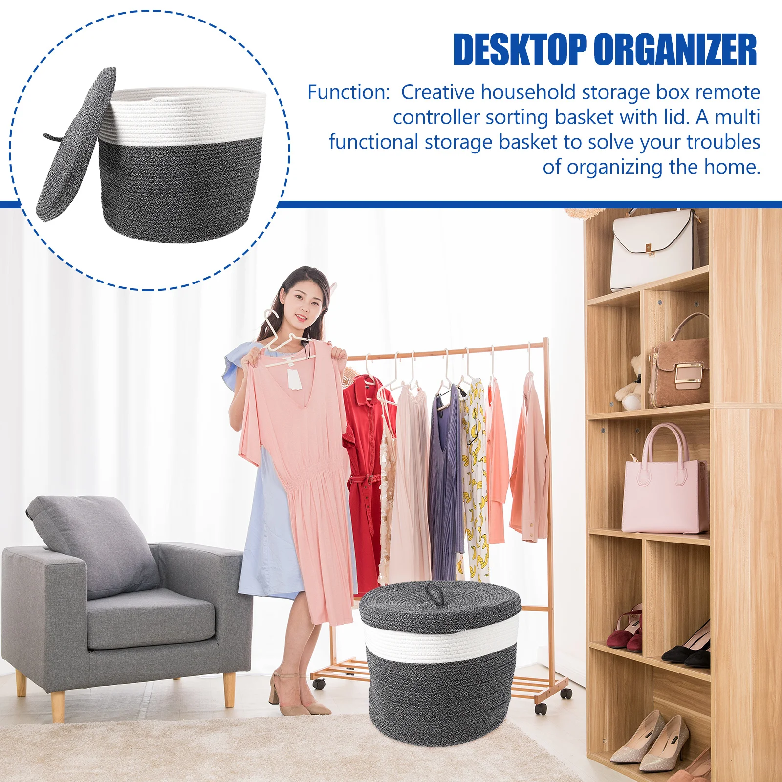 

Cotton Rope Basket Multifunctional Clothes Storage Container Closet Organizer Living Room Bedroom Household Storage Box