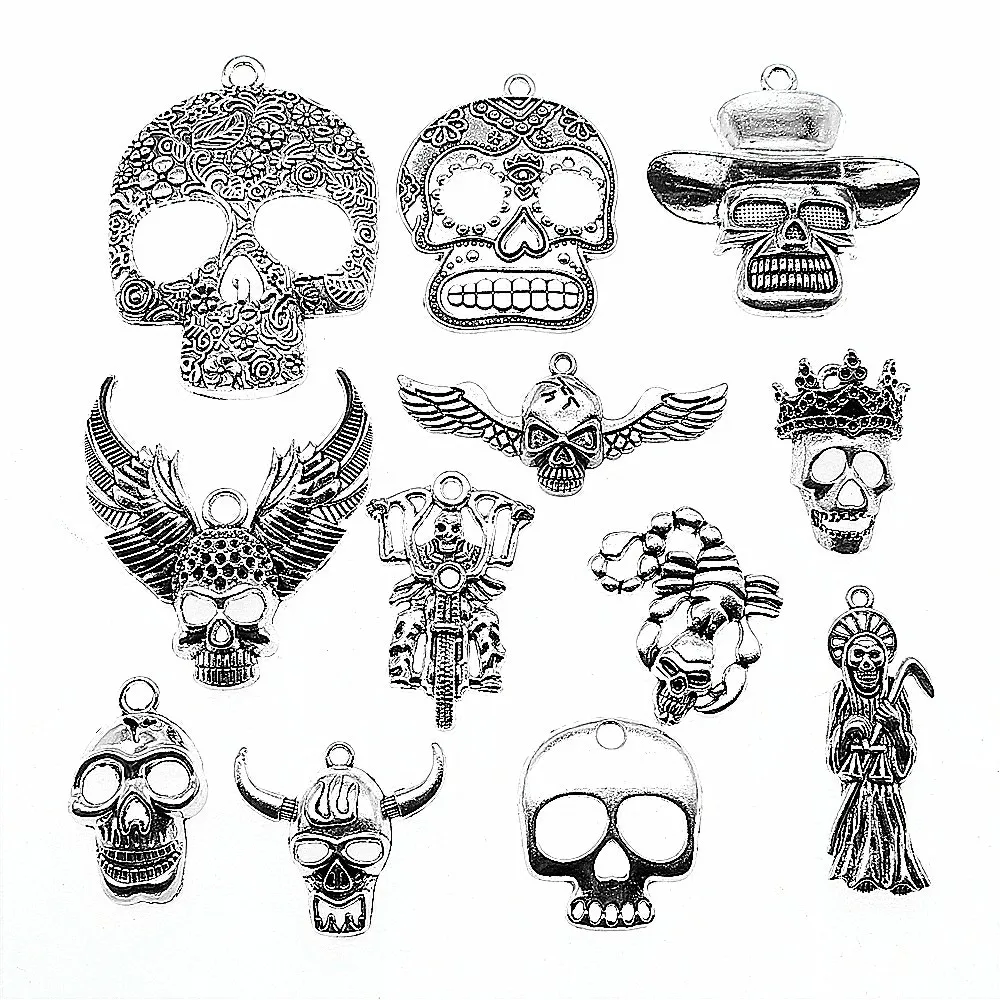 2pcs Charms Skull DIY Jewelry Findings For Jewelry Making Antique Silver Color Death Skull Charms Flower Skull Charm