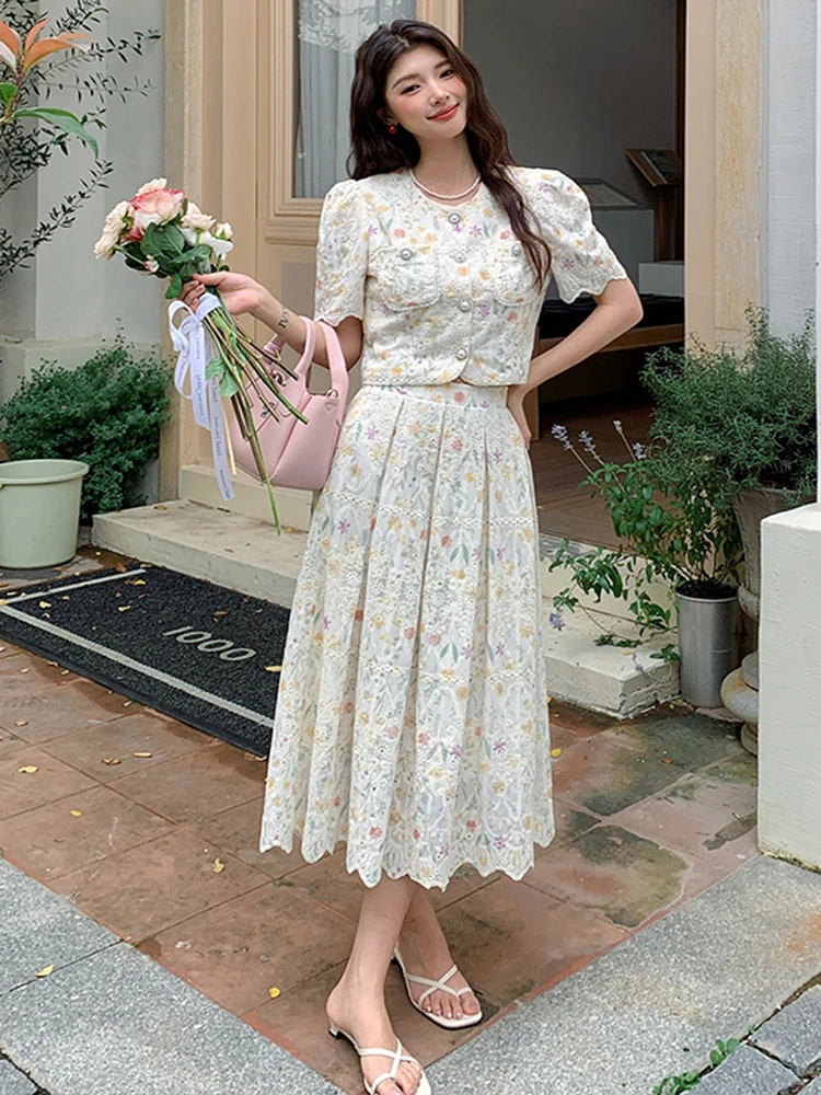 

High Quality Elegant Women Lace Printing Two Piece Set New Summer Single Breasted Puff Sleeve Short Tops + A Line Mid Skirt Suit