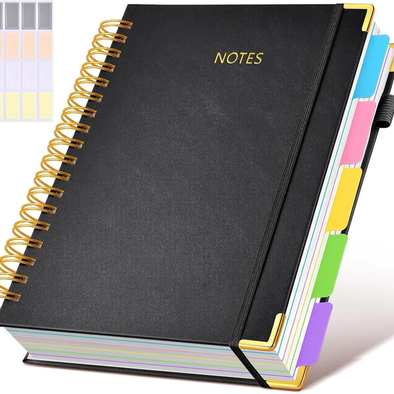 Caderno espiral de capa dura extra grande – com divisórias e abas removíveis, capa de couro sintético de 300 páginas, para escola, escritório, planejador