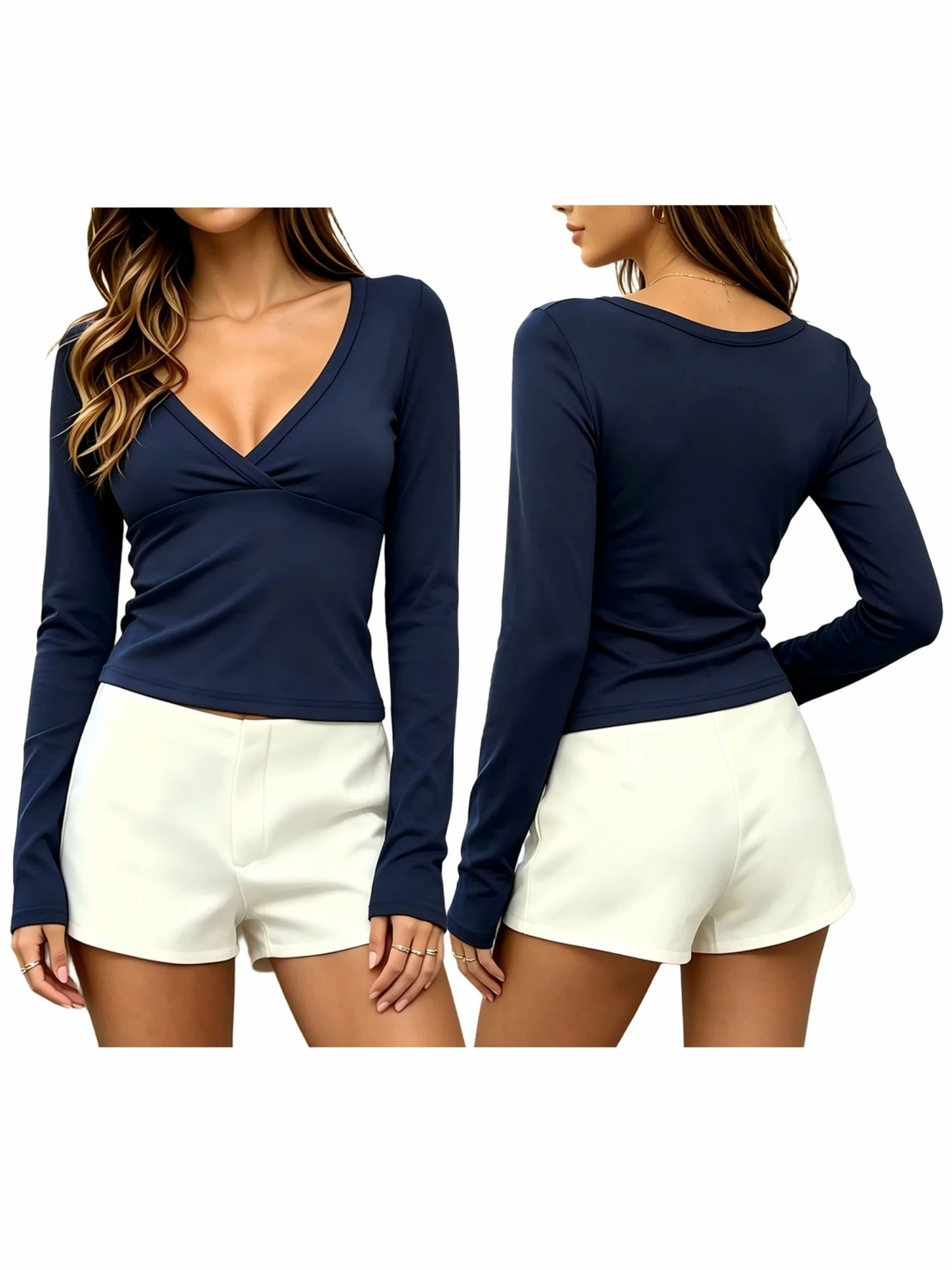 Damen Herbst Einfarbige V-Ausschnitt Basic-Oberteile Elegante Langarm Slim-Fit Wickel-T-Shirts – Detail 4