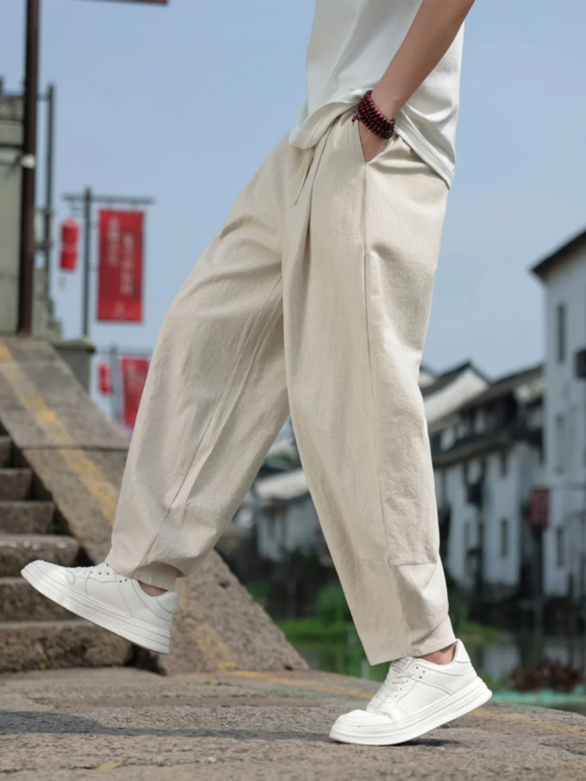 

Cotton Linen Men's Summer New Loose Straight Leg Pants Thin Breathable Casual Long Trousers Comfortable Lightweight Cargo orts