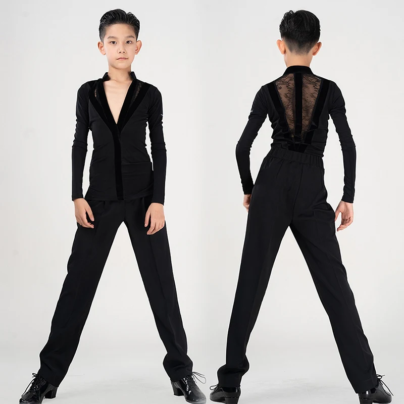 2024 New Boys Latin Dance Costume V-Neck Long Sleeve Shirt Pants Ballroom Dance Competition Clothes Tango Dance Outfit VDB8223