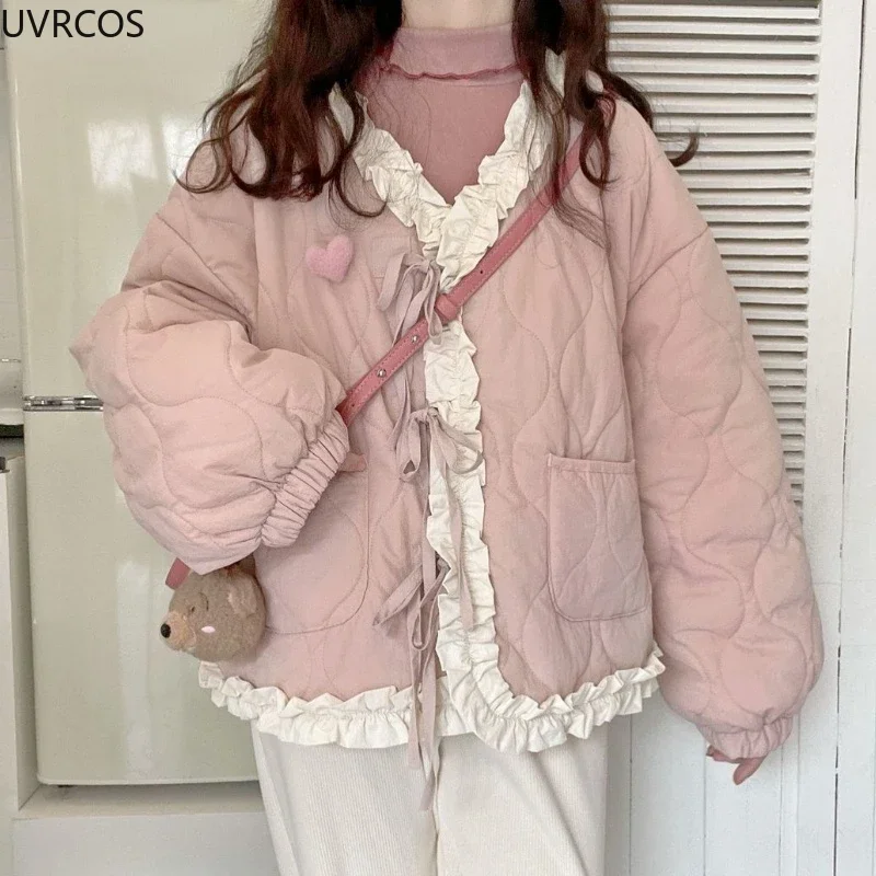 Chaqueta holgada y cálida de estilo coreano para mujer, parka elegante con cuello de volantes, Abrigo acolchado estilo japonés Harajuku Kawai, 2023