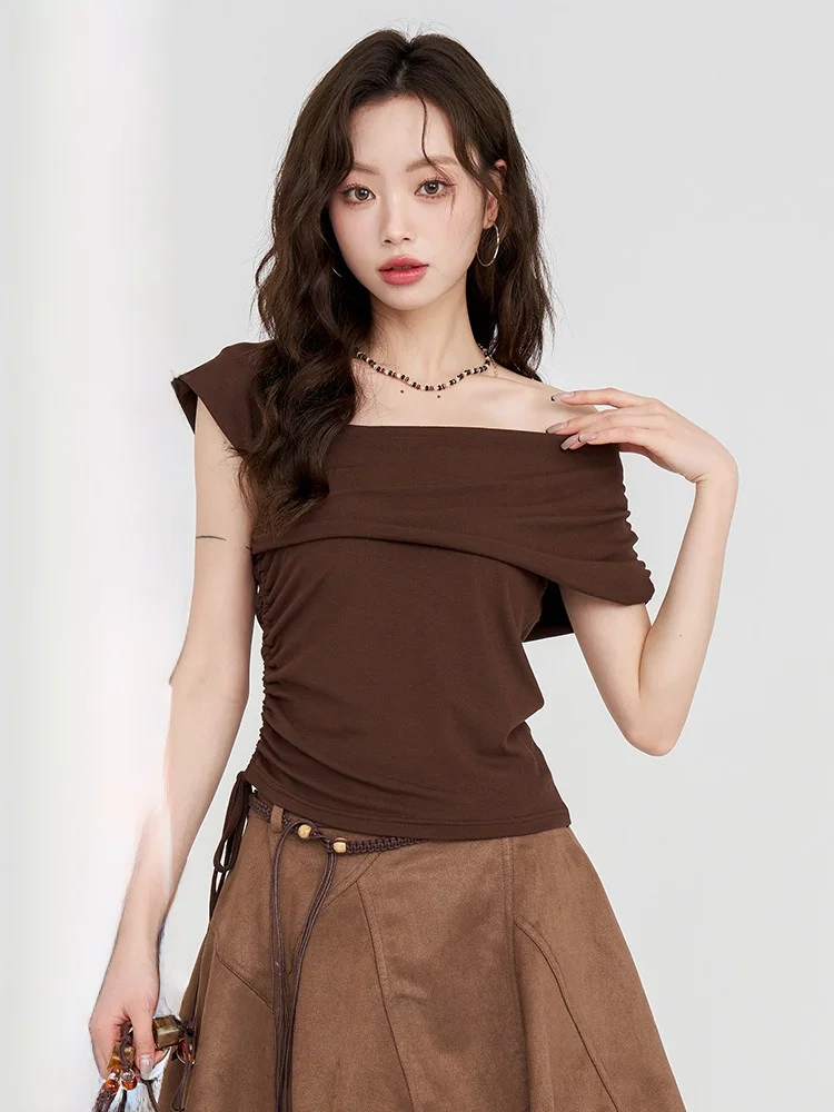 

Сексуальный женский топ на одно плечо Baring ort Sve T irt кофейного цвета, новинка лета, маленький топ Cro Spicy Girl